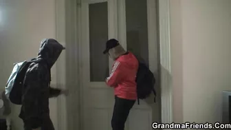 Two Kinky Guys Penetrate Blonde Grandma