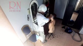 Camera Inside Naked Barbershop. Hairdresser Makes Undress Lady Ho Cut Her Hair. Barber, Nudism. Webcam Two