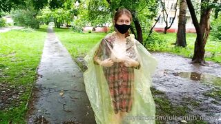 Risky Flash Of Boobs And Butt In The Rain In A Transparent Raincoat