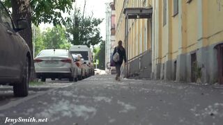 Summer Walk. Jeny Smith Walking In Public With The Transparent Dress