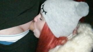 Cute Redhead Quick Outdoor Blowjob Near The Road, Cum On Her Face And Clothes