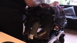 Cripple In Wheelchair Gets His Legs Spread And His Dick Teased