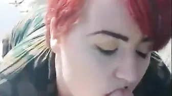 Red Hair Painted Girl Sucks Dick Outdoors And Swallows