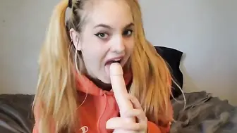 Blonde Teen With Pigtails Plays With Buttplug & Dildo