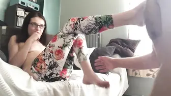 British Brunette In Glasses And Leggings Gets Fucked Hard By Husband