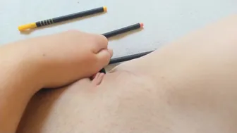 Cute Schoolgirl Putting Pencils Very Deep In Her Little Pussy