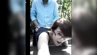 Hot Teen With Glasses Gets Fucked From Behind In A Public Place