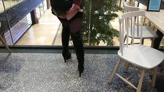 Naughty Mom In Stockings And Boots Shows Her Pussy In The Public Place