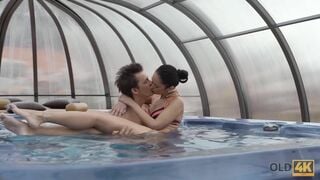 Old4K. Brunette Practices Bonking With Older Man In All Poses By Pool