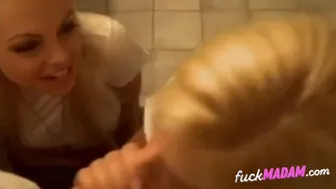 Two Cock Thirsty Amateurs In A Restroom Threesome