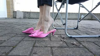 Skinny Feet Dangling And Dropping Woman Fuchsia Mules