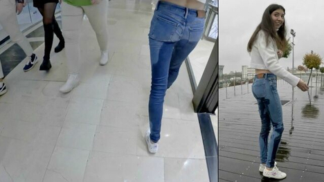 Katty West Squirts In Public While Peeing In Her Denim Jeans